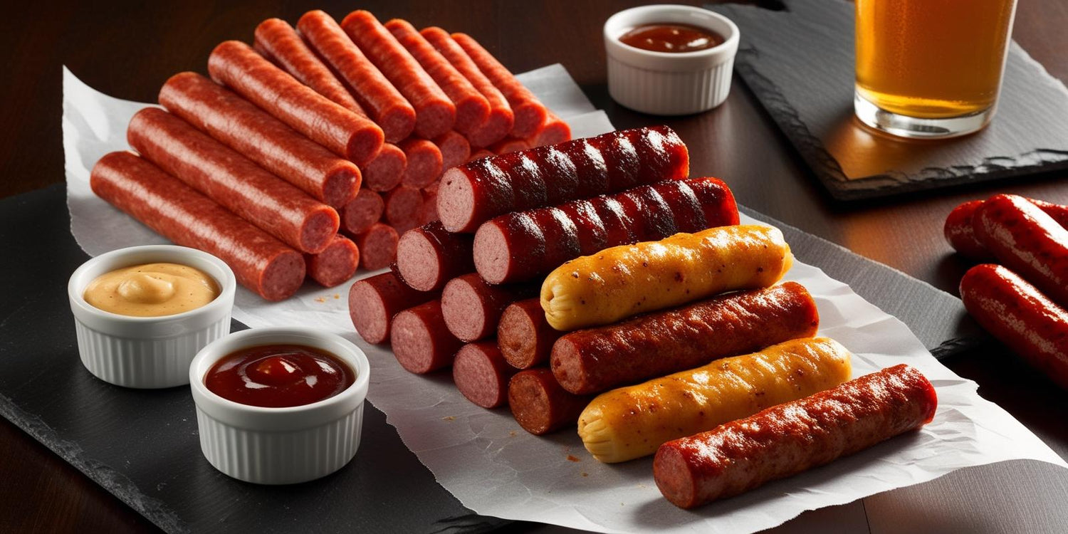 A vibrant display of assorted meat sticks, including sweet bologna, apple maple, kielbasa cheese, and honey BBQ flavors. The sticks are arranged in a fan shape on parchment paper, with a few casually stacked to show.jpg__PID:a38cb19b-74ab-4f99-b06e-811e3820d5ea